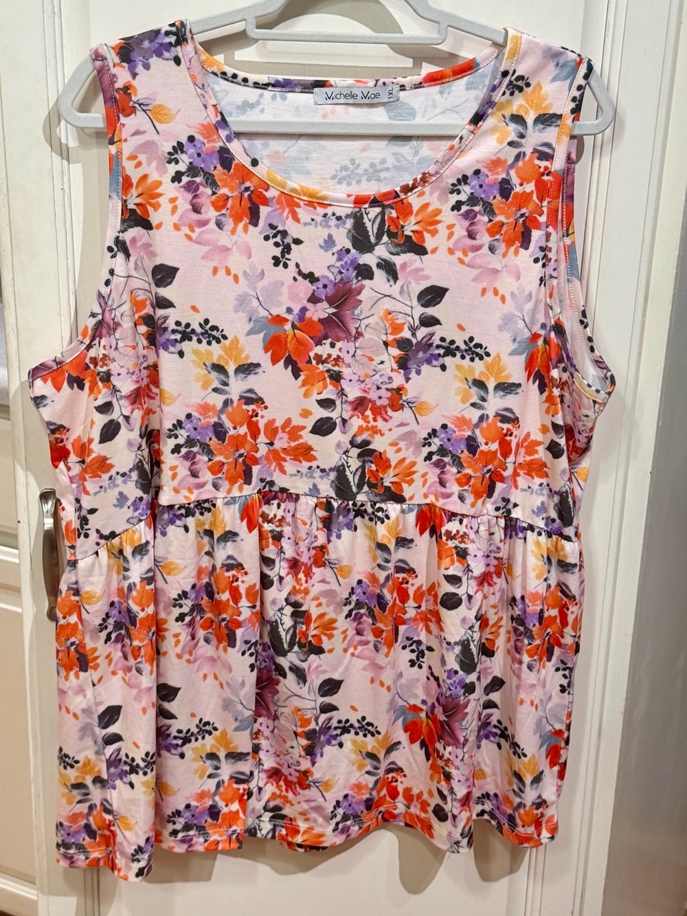 Michelle Mae Pink Floral Peplum Tank with Orange & Purple Blooms